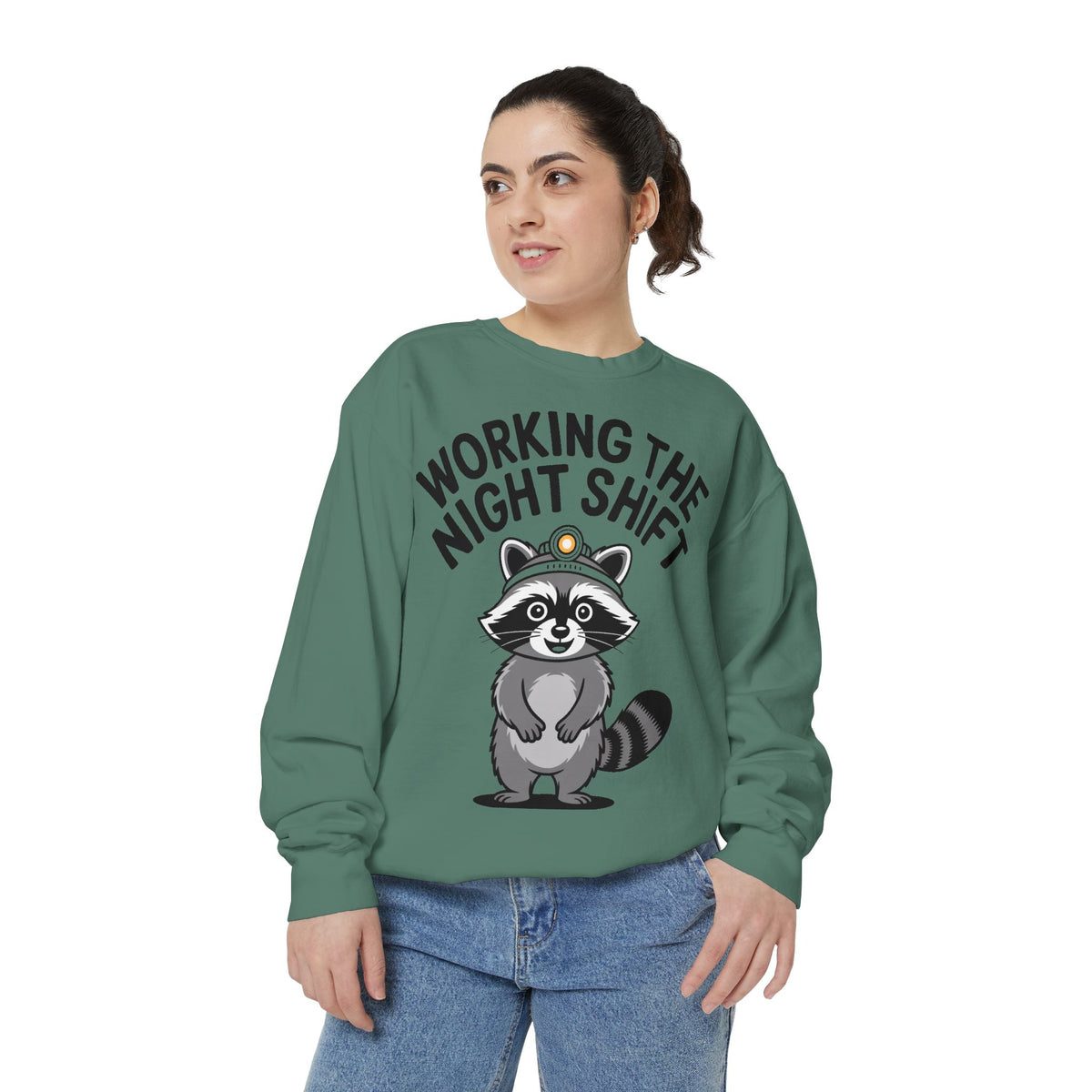 Raccoon Night Shift Sweatshirt, Funny Night Owl Crewneck, Cute Raccoon Headlamp Graphic, Gift for Nurse or Night Worker