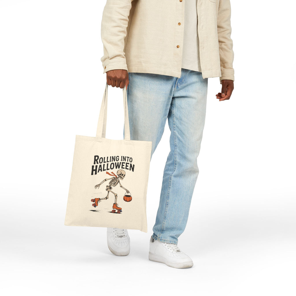 Rolling Into Halloween Skeleton Tote Bag, Retro Skeleton Roller Skating Canvas Bag, Funny Halloween Gift Bag