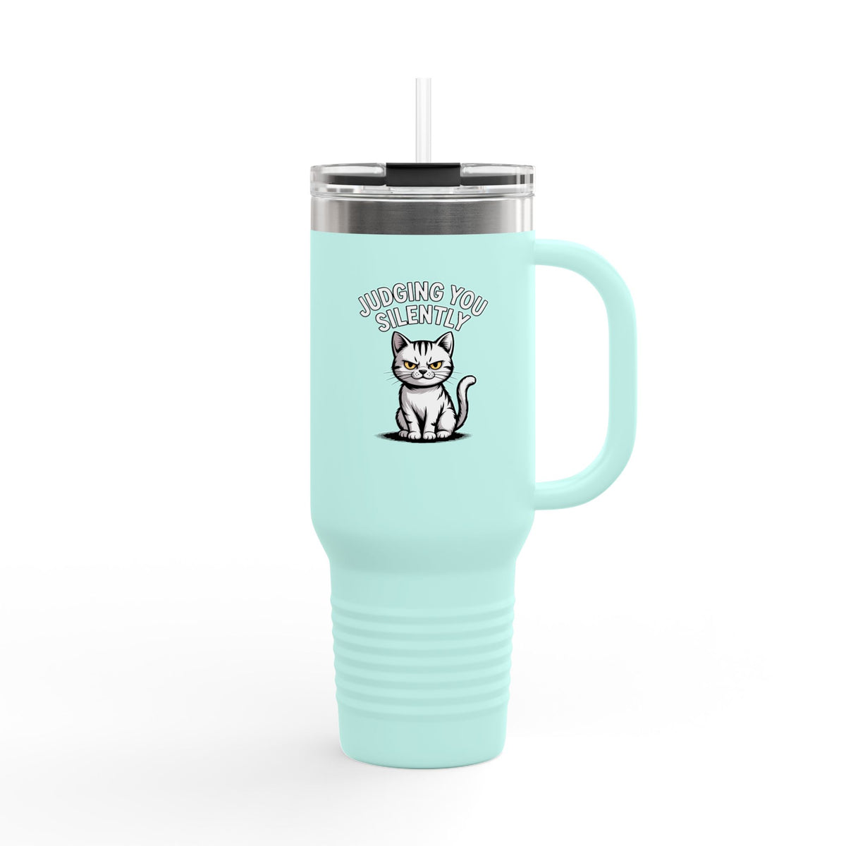 Judging You Silently Cat Mug, Funny Cat Travel Tumbler, 40oz Insulated Cup With Handle, Sarcastic Cat Lover Gift, Snarky Coffee Cup