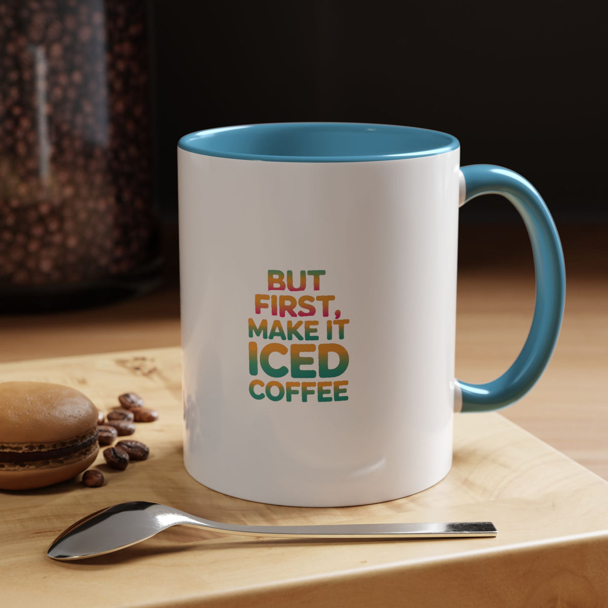 But First Iced Coffee Mug, Retro Gradient Typography Coffee Mug, Funny Coffee Lover Gift, Colorful Accent Mug for Coffee Addict