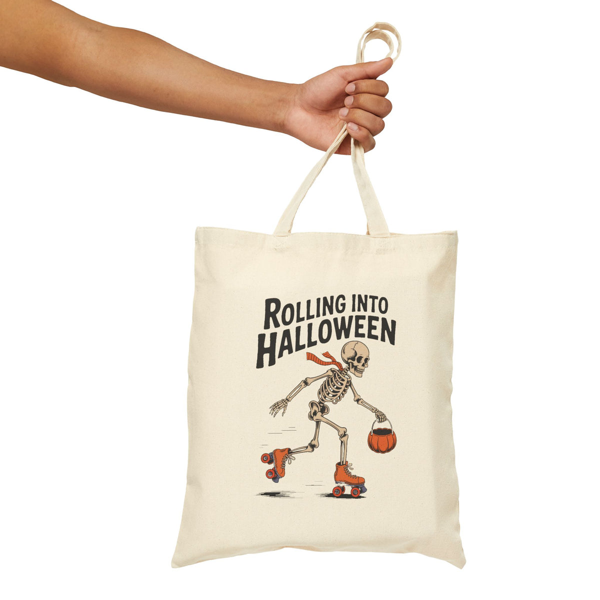 Rolling Into Halloween Skeleton Tote Bag, Retro Skeleton Roller Skating Canvas Bag, Funny Halloween Gift Bag