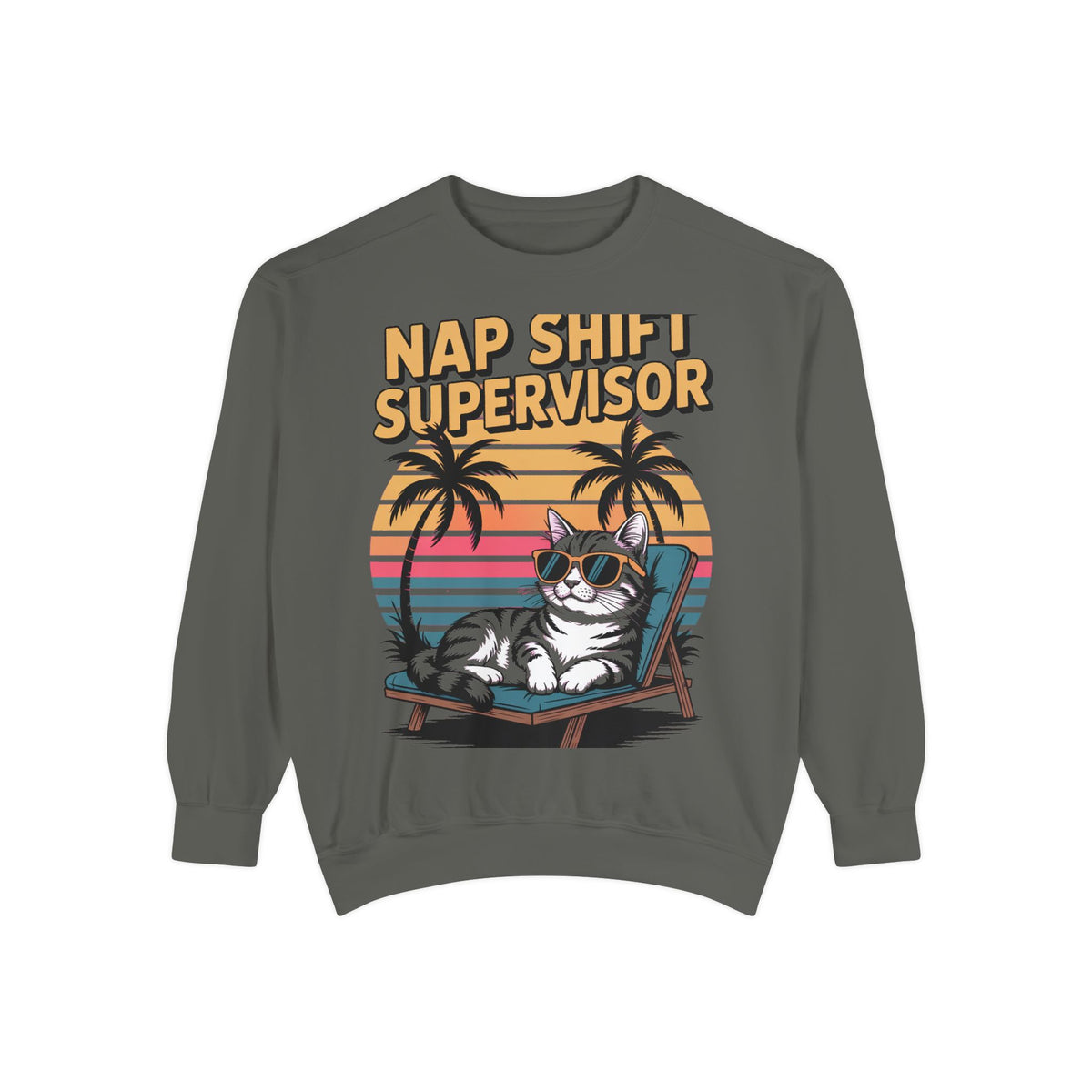 Retro Cat Sunset Sweatshirt, Funny Nap Shift Supervisor Crewneck, Vintage 90s Cat Lover Gift, Embroidered Cool Cat Sweatshirt