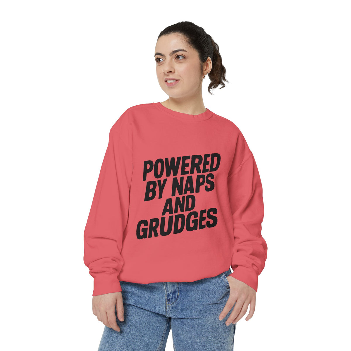 Powered By Naps And Grudges Sweatshirt, Funny Sarcastic Crewneck, Embroidered-Look Graphic Sweatshirt, Sarcasm Lover Gift
