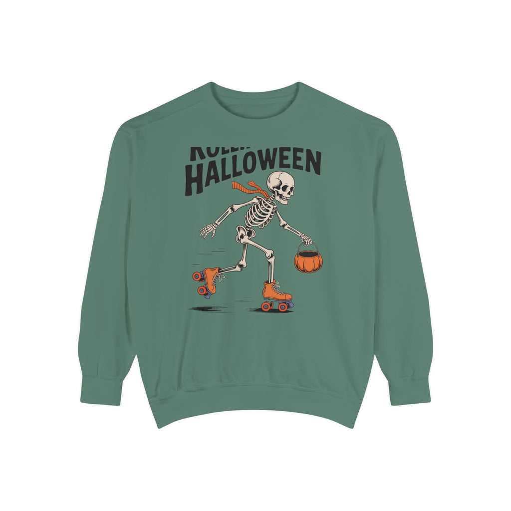 Rolling Into Halloween Skeleton Sweatshirt, Retro Roller Skate Skeleton Crewneck, Funny Halloween Gift, Vintage Spooky Season Sweatshirt