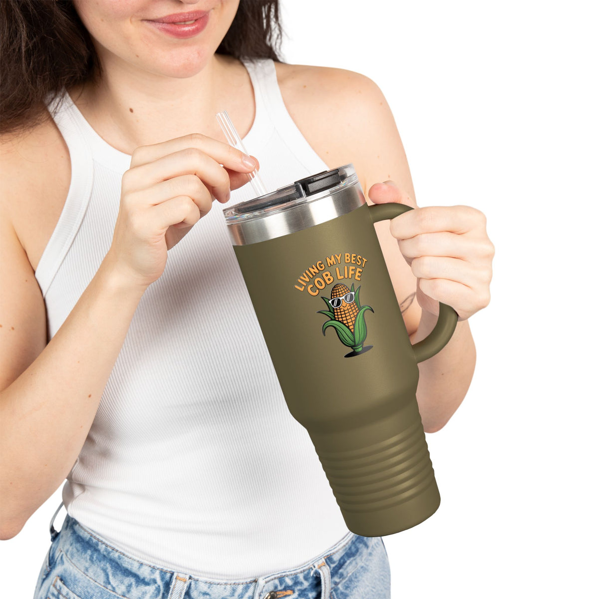 Funny Corn Travel Mug, Living My Best Cob Life Tumbler, Cute Corn Cob Sunglasses 40oz Cup, Funny Food Lover Gift, Summer BBQ Tumbler