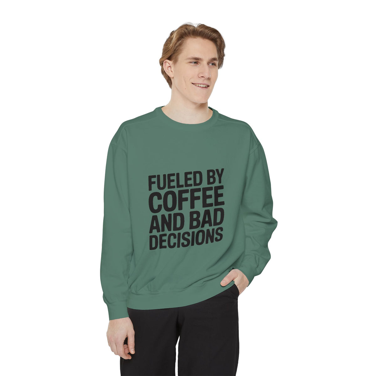 Fueled By Coffee And Bad Decisions Sweatshirt, Funny Embroidered Crewneck, Sarcastic Coffee Lover Gift, Trendy Minimalist Pullover