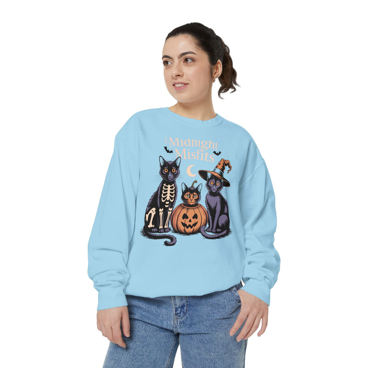 The Midnight Misfits Cats Halloween Sweatshirt, Funny Black Cat Costume Crewneck, Spooky Season Cat Lover Gift