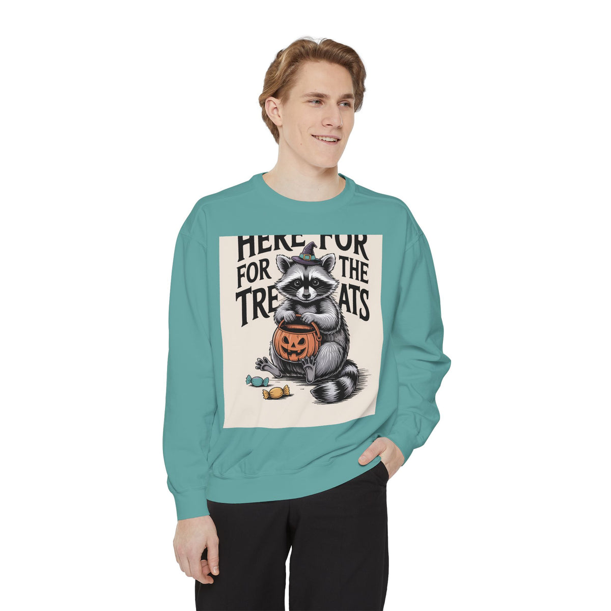 Here For The Treats Raccoon Sweatshirt, Funny Halloween Crewneck, Vintage Witch Raccoon Candy Sweatshirt, Spooky Season Gift