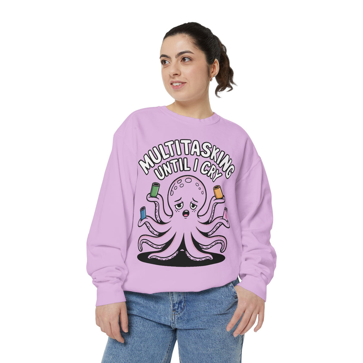 Multitasking Octopus Sweatshirt, Funny Stressed Octopus Crewneck, Embroidery-Patch Style Sweatshirt, Busy Mom Gift, Work Humor Pullover