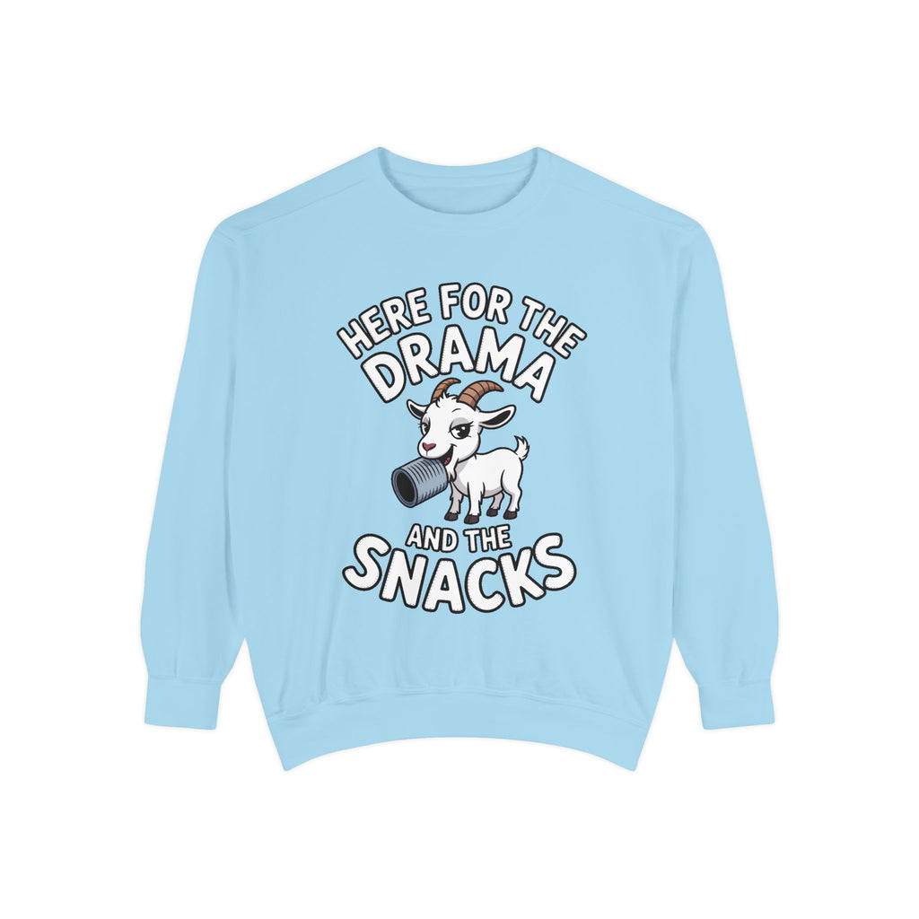 Funny Goat Sweatshirt, Here For The Drama And The Snacks Crewneck, Cute Goat Lover Gift, Embroidered Patch Style Sweatshirt