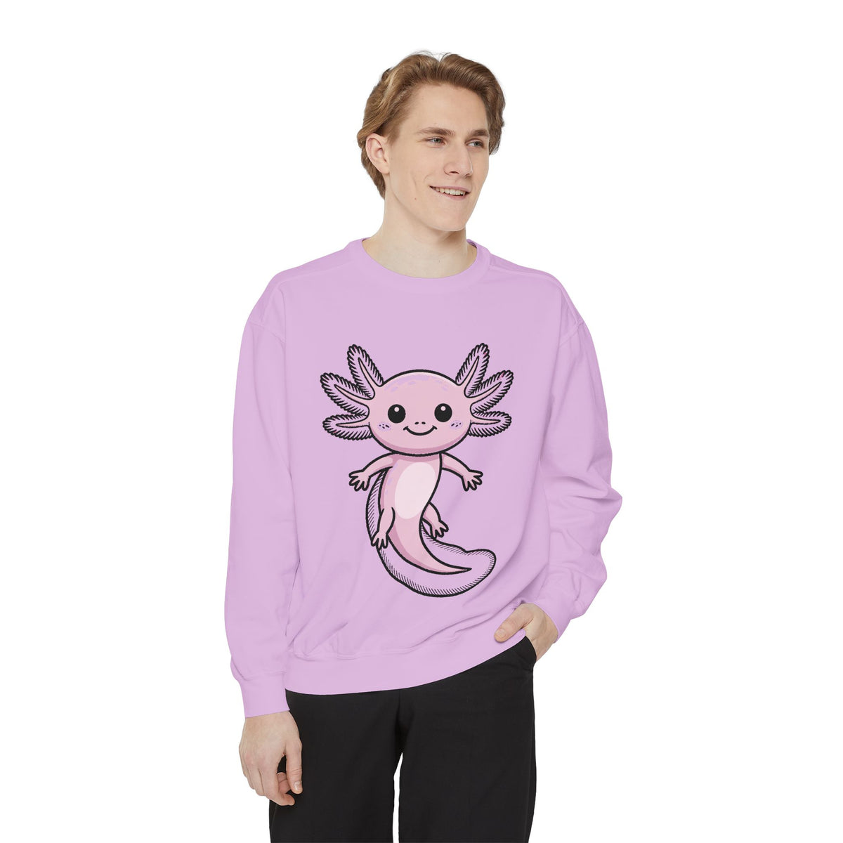 Cute Axolotl Sweatshirt, Smiling Axolotl Embroidered Crewneck, Kawaii Animal Lover Gift, Garment Dyed Pullover