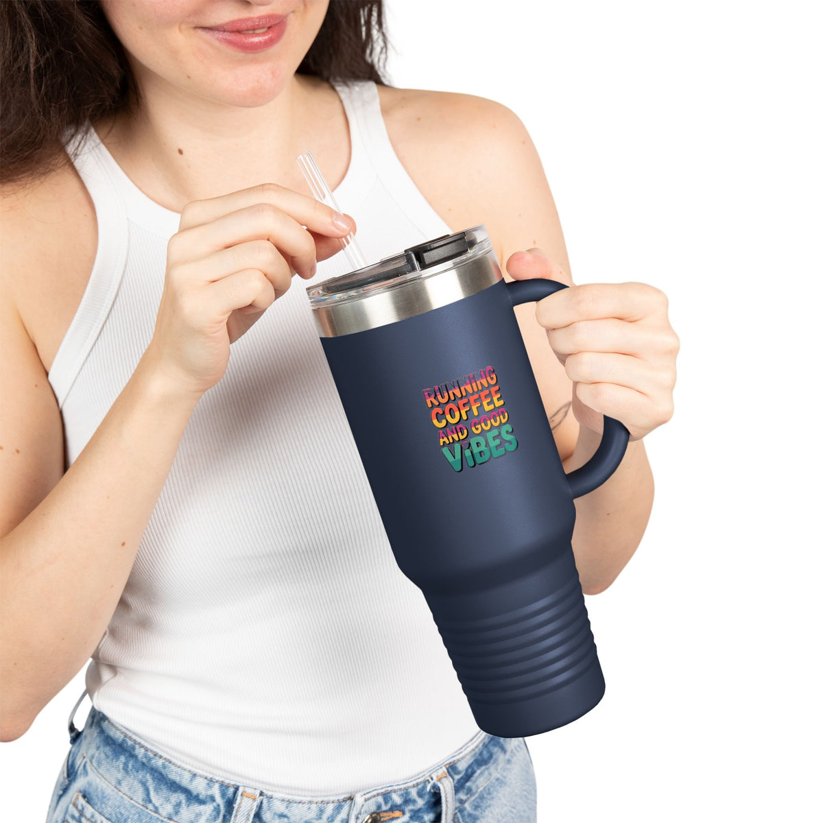 Running On Coffee And Good Vibes Tumbler, Funny Coffee Quote 40oz Travel Mug, Cute Gift for Coffee Lovers, Bold Typography Tumbler