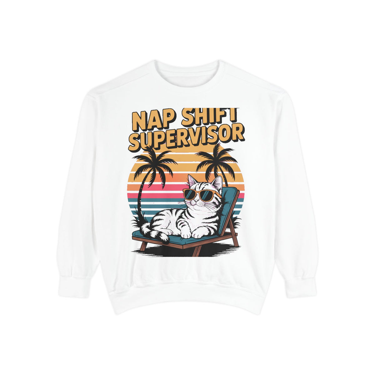 Retro Cat Sunset Sweatshirt, Funny Nap Shift Supervisor Crewneck, Vintage 90s Cat Lover Gift, Embroidered Cool Cat Sweatshirt