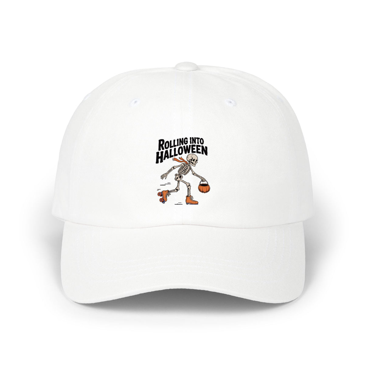 Rolling Into Halloween Skeleton Dad Hat, Retro Roller Skate Skeleton Cap, Funny Halloween Embroidered Hat, Spooky Season Gift