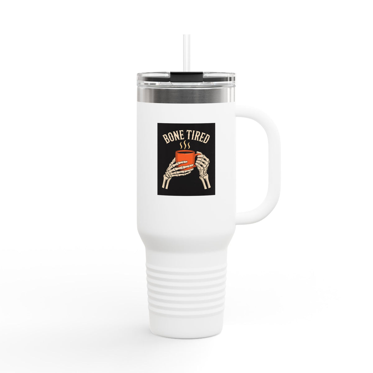 Bone Tired Halloween Travel Mug, Skeleton Hands Coffee Tumbler, Funny Halloween Coffee Cup Gift, Spooky Season 40oz Tumbler