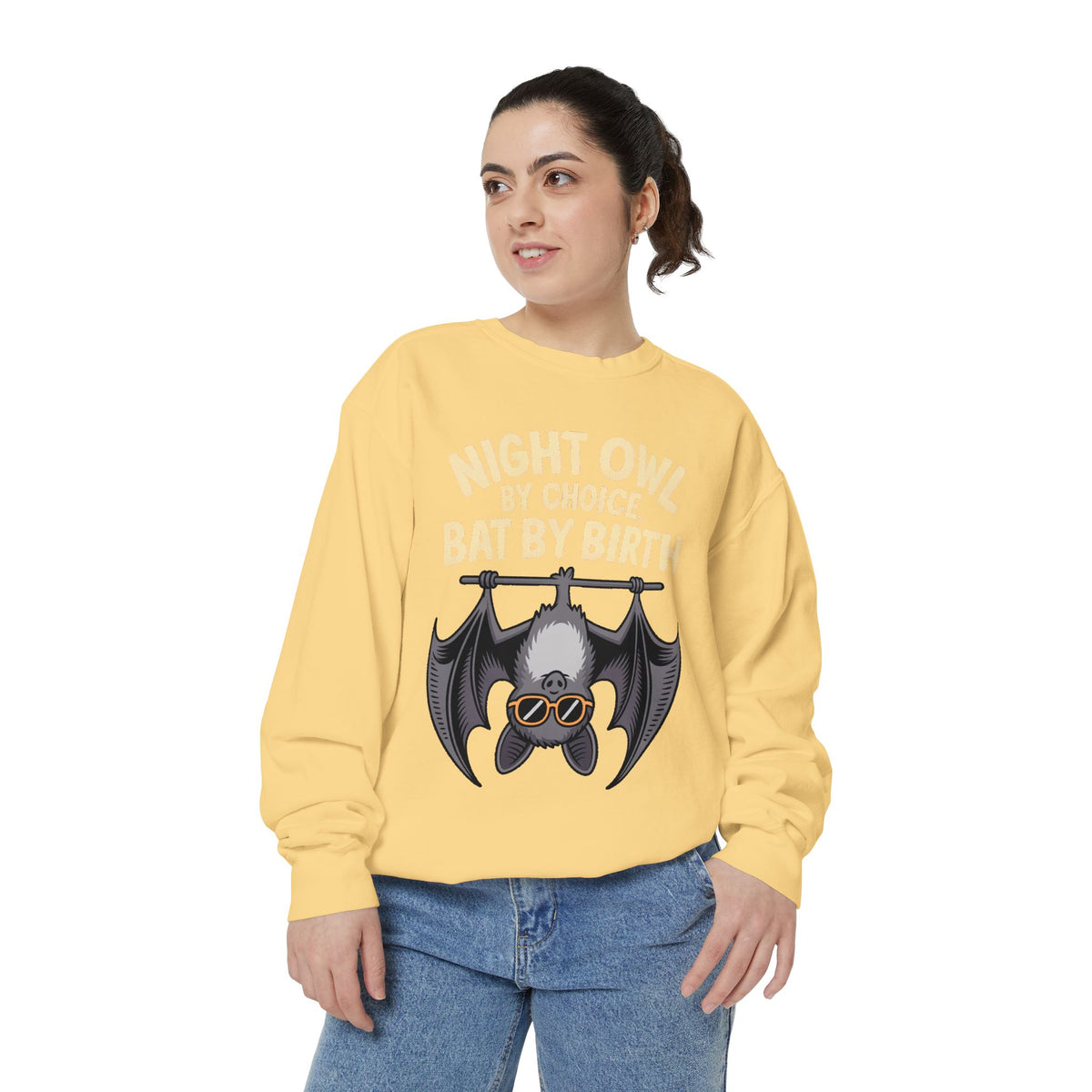 Night Owl By Choice Bat Sweatshirt, Funny Bat Lover Crewneck, Cute Halloween Sweatshirt, Embroidered Patch Style Bat Shirt Gift