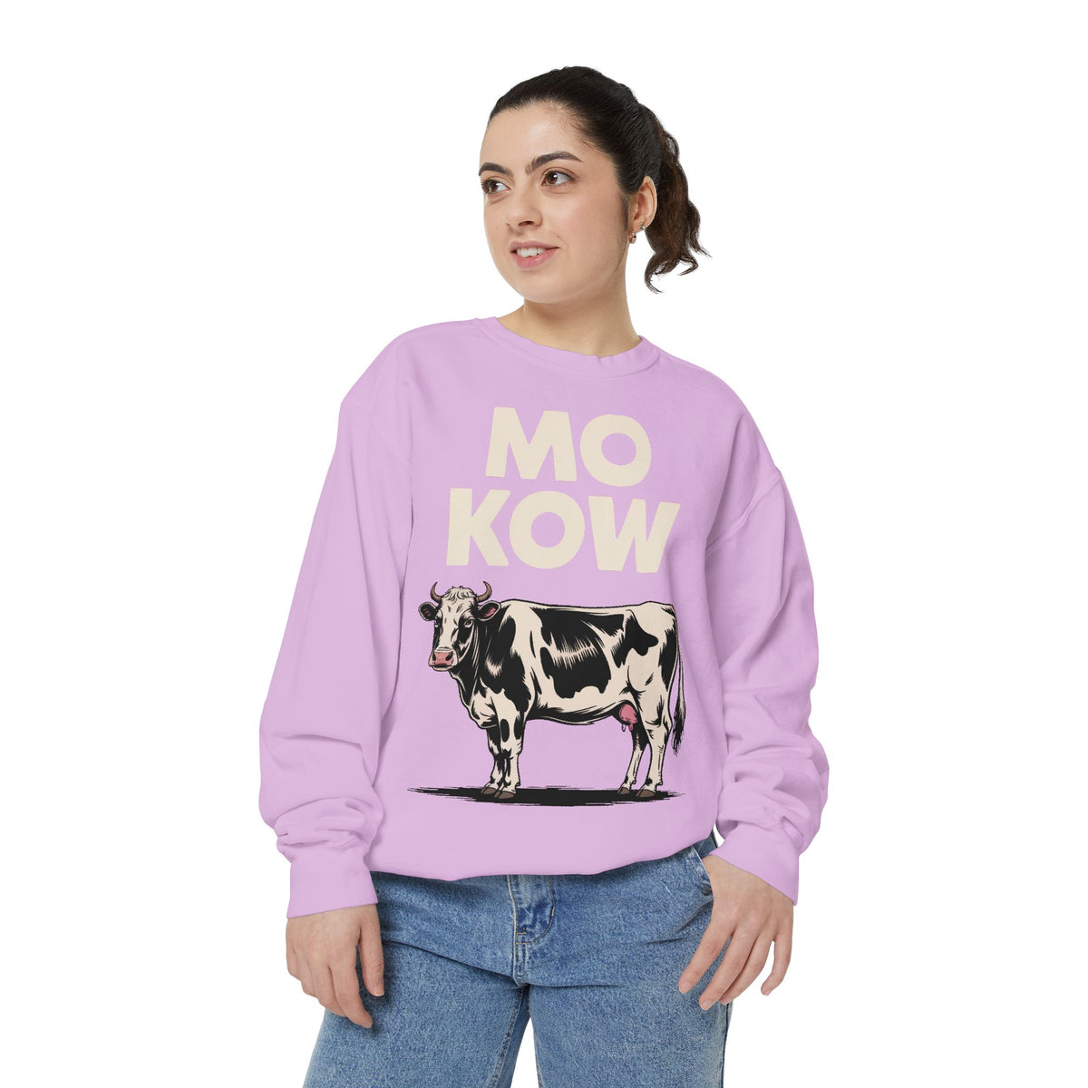 Mo Kow Funny Cow Sweatshirt, Absurd Meme Crewneck, Deadpan Farm Animal Embroidered Sweatshirt, Funny Cow Lover Gift