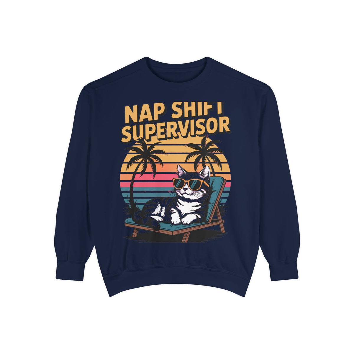 Retro Cat Sunset Sweatshirt, Funny Nap Shift Supervisor Crewneck, Vintage 90s Cat Lover Gift, Embroidered Cool Cat Sweatshirt
