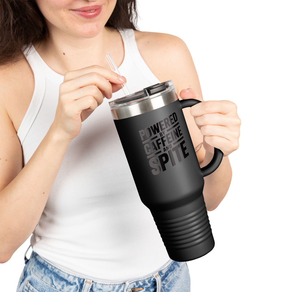 Powered By Caffeine And Spite Tumbler, Funny Sarcastic 40oz Travel Mug, Snarky Coffee Cup Gift, Bold Typography Quote Tumbler