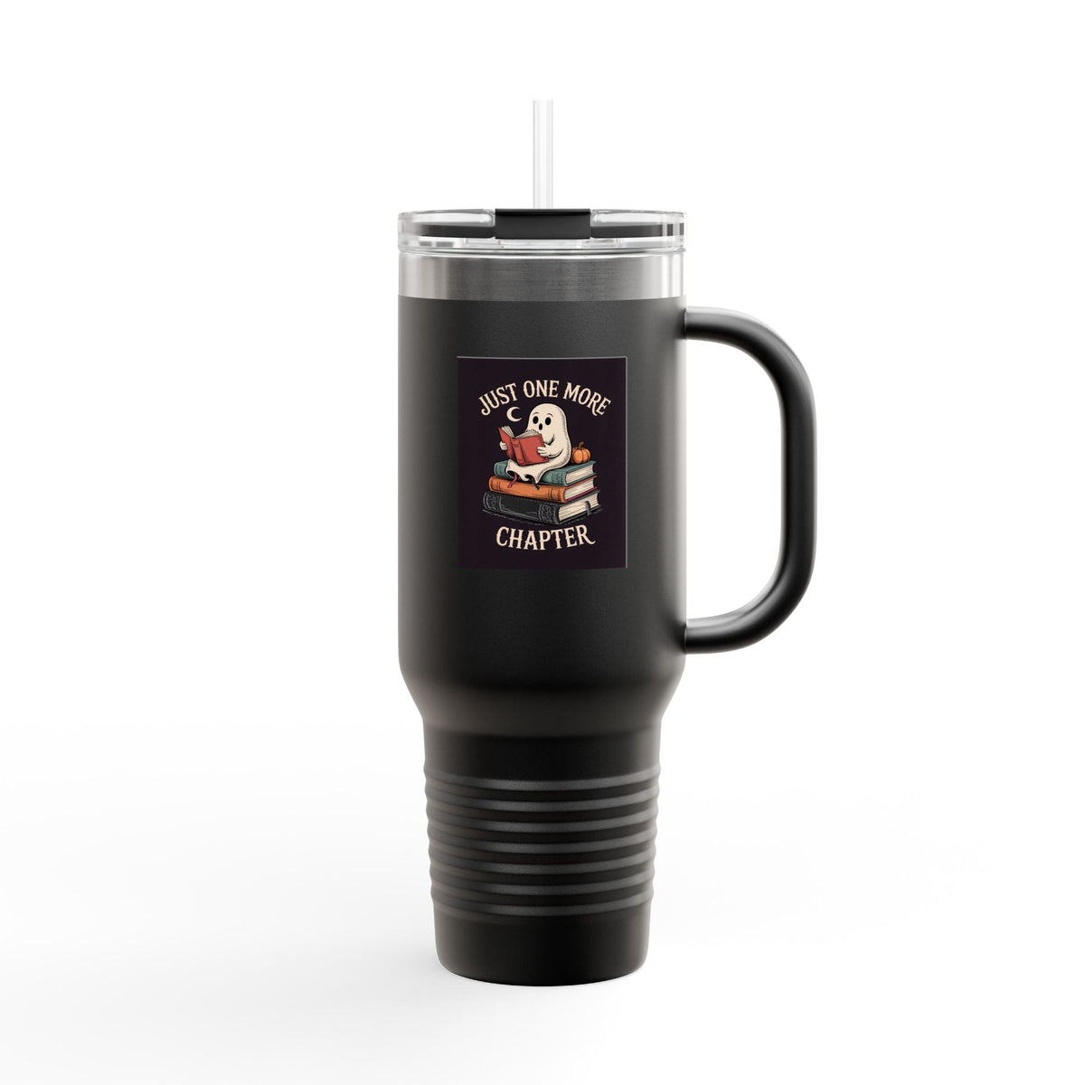 Just One More Chapter Ghost Tumbler, Halloween Book Lover Travel Mug, Cozy Reading Ghost 40oz Cup, Spooky Season Bookworm Gift