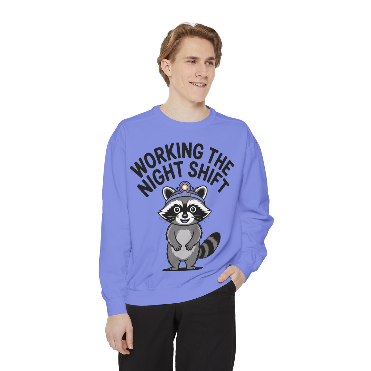 Raccoon Night Shift Sweatshirt, Funny Night Owl Crewneck, Cute Raccoon Headlamp Graphic, Gift for Nurse or Night Worker