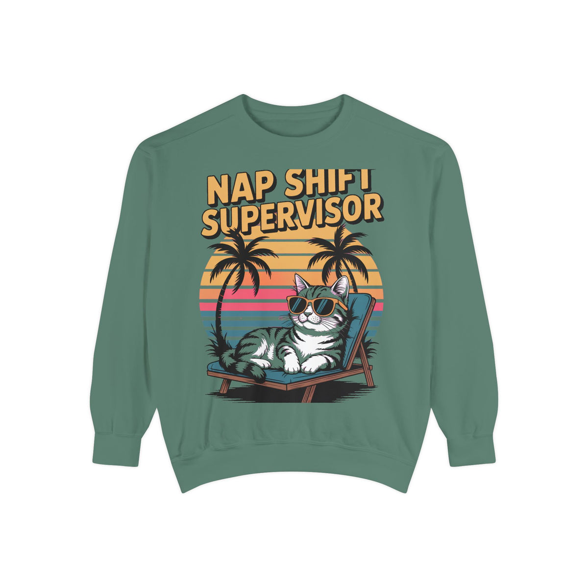 Retro Cat Sunset Sweatshirt, Funny Nap Shift Supervisor Crewneck, Vintage 90s Cat Lover Gift, Embroidered Cool Cat Sweatshirt