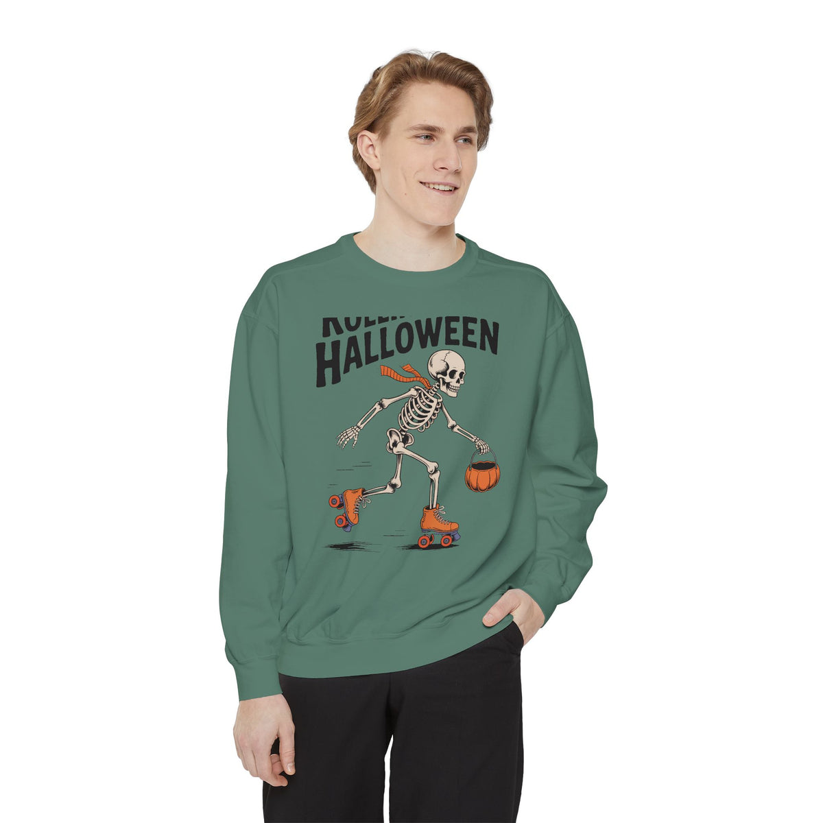 Rolling Into Halloween Skeleton Sweatshirt, Retro Roller Skate Skeleton Crewneck, Funny Halloween Gift, Vintage Spooky Season Sweatshirt
