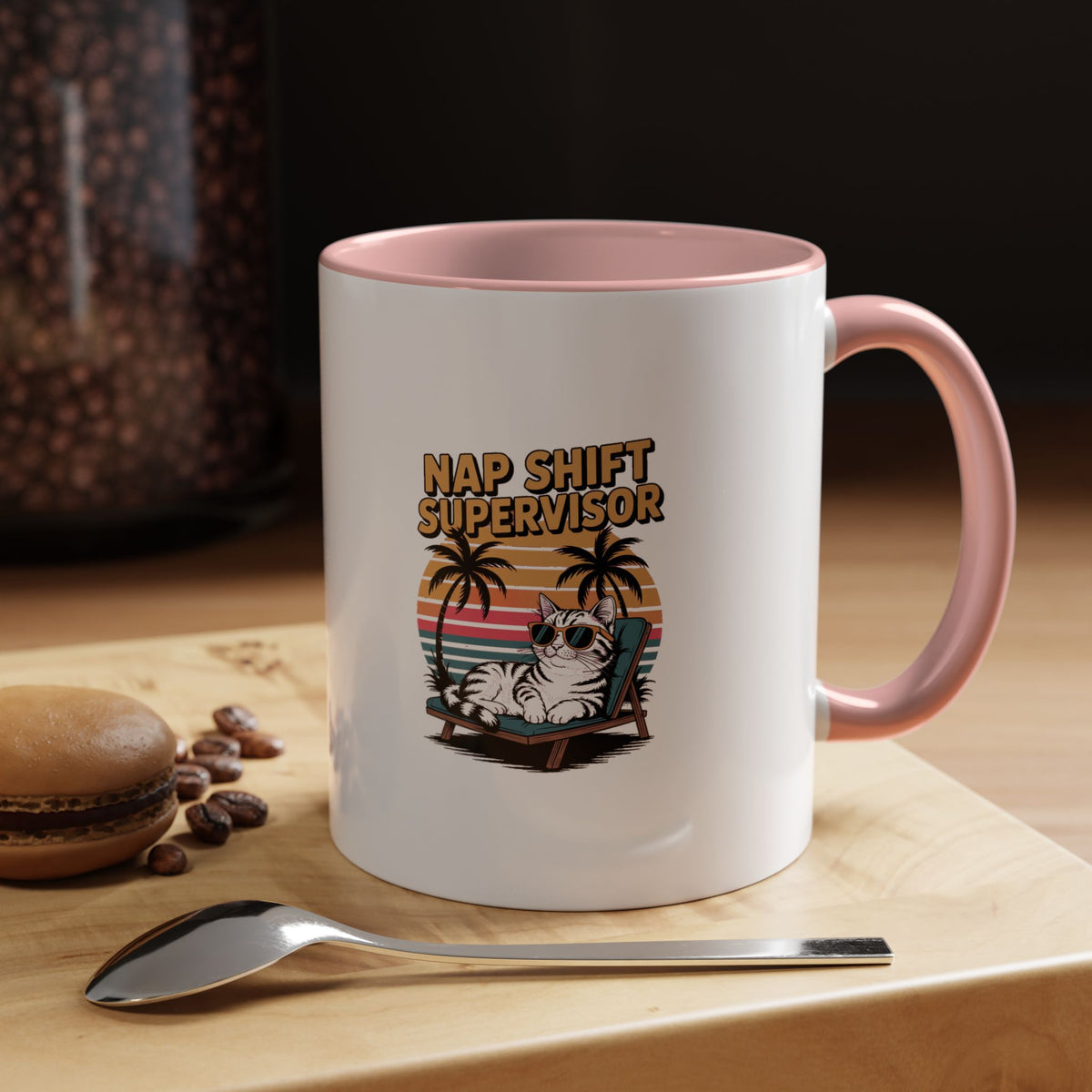 Retro Cat Sunset Mug, Funny Nap Shift Supervisor Coffee Cup, Vintage 90s Cat Lover Gift, Sunglasses Cat Sunset Mug