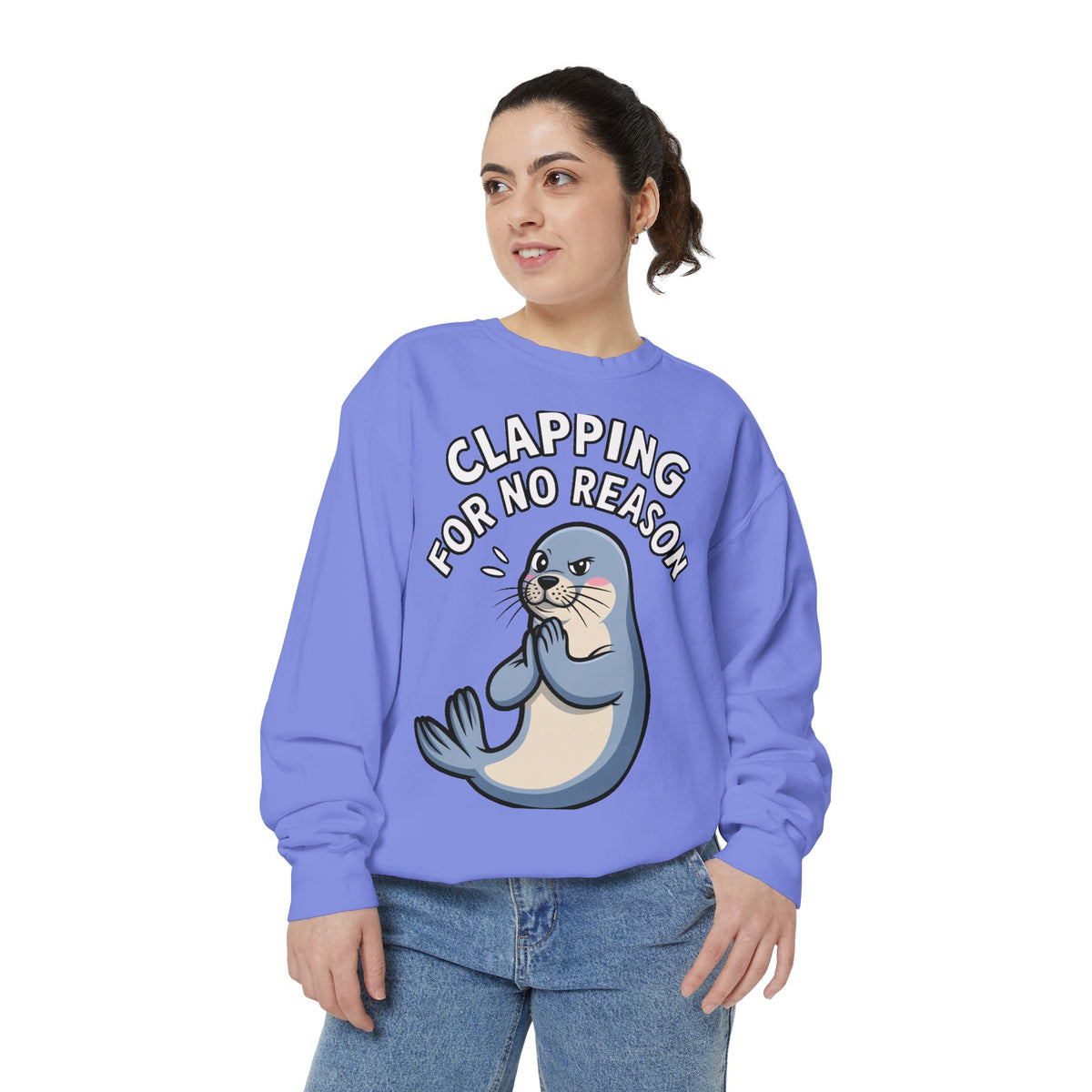 Clapping For No Reason Seal Sweatshirt, Funny Sassy Seal Crewneck, Cute Animal Embroidered Patch Style Sweatshirt, Sarcastic Gift