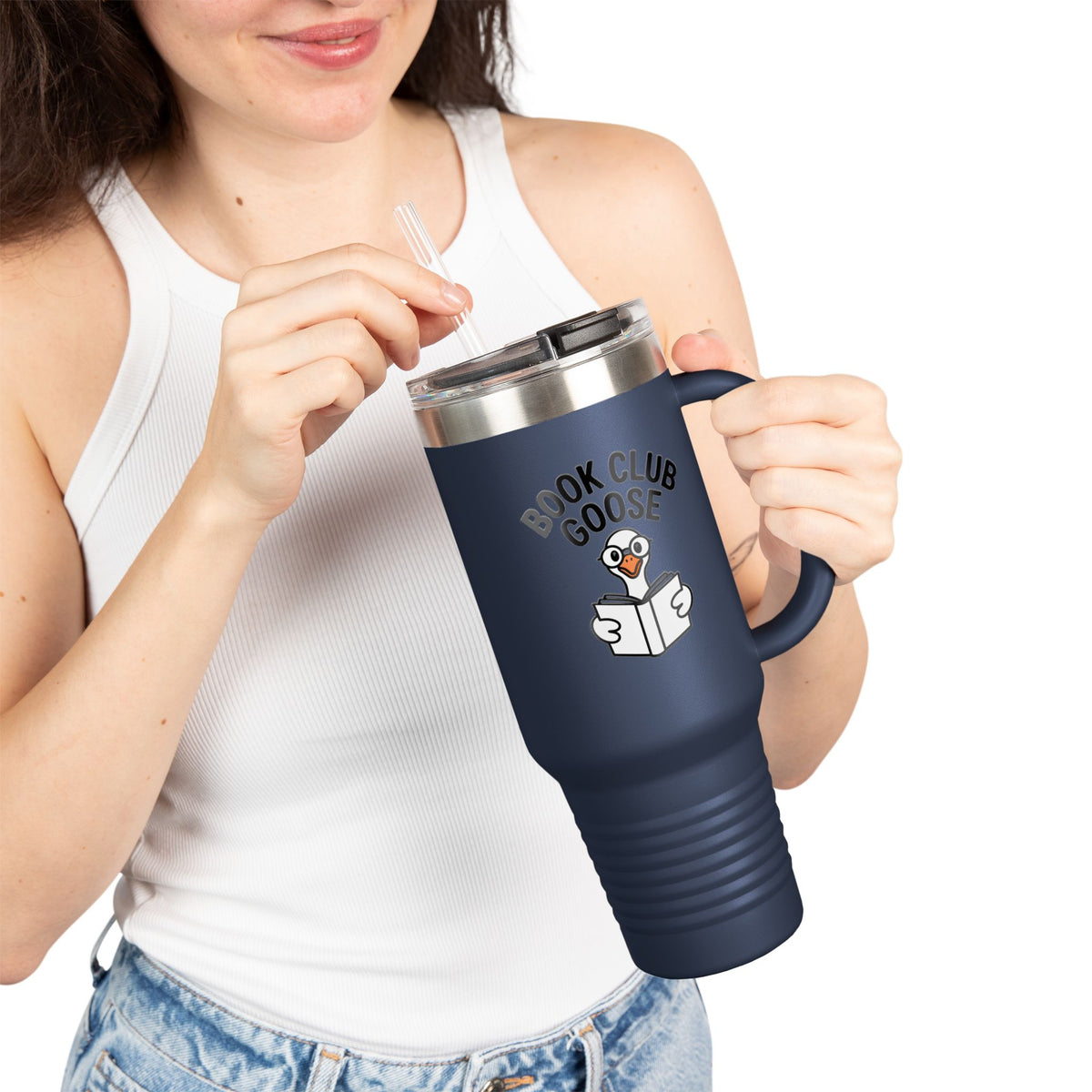 Book Club Goose Travel Mug 40oz, Funny Reading Goose Tumbler, Bookworm Gift, Cute Goose With Glasses Insulated Cup With Straw
