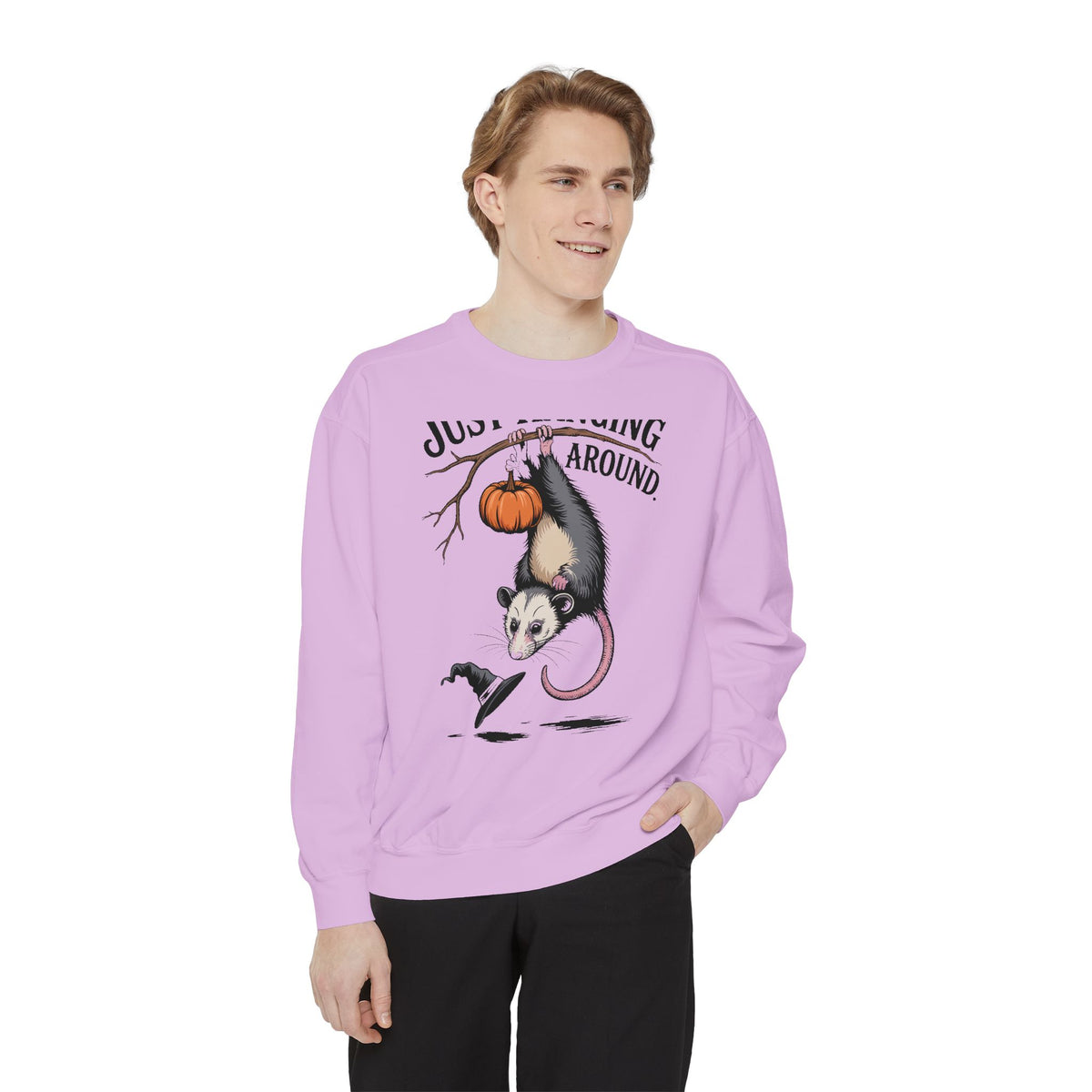 Just Hanging Around Opossum Sweatshirt, Vintage Halloween Crewneck, Funny Opossum Jack-o'-Lantern Shirt, Spooky Season Gift