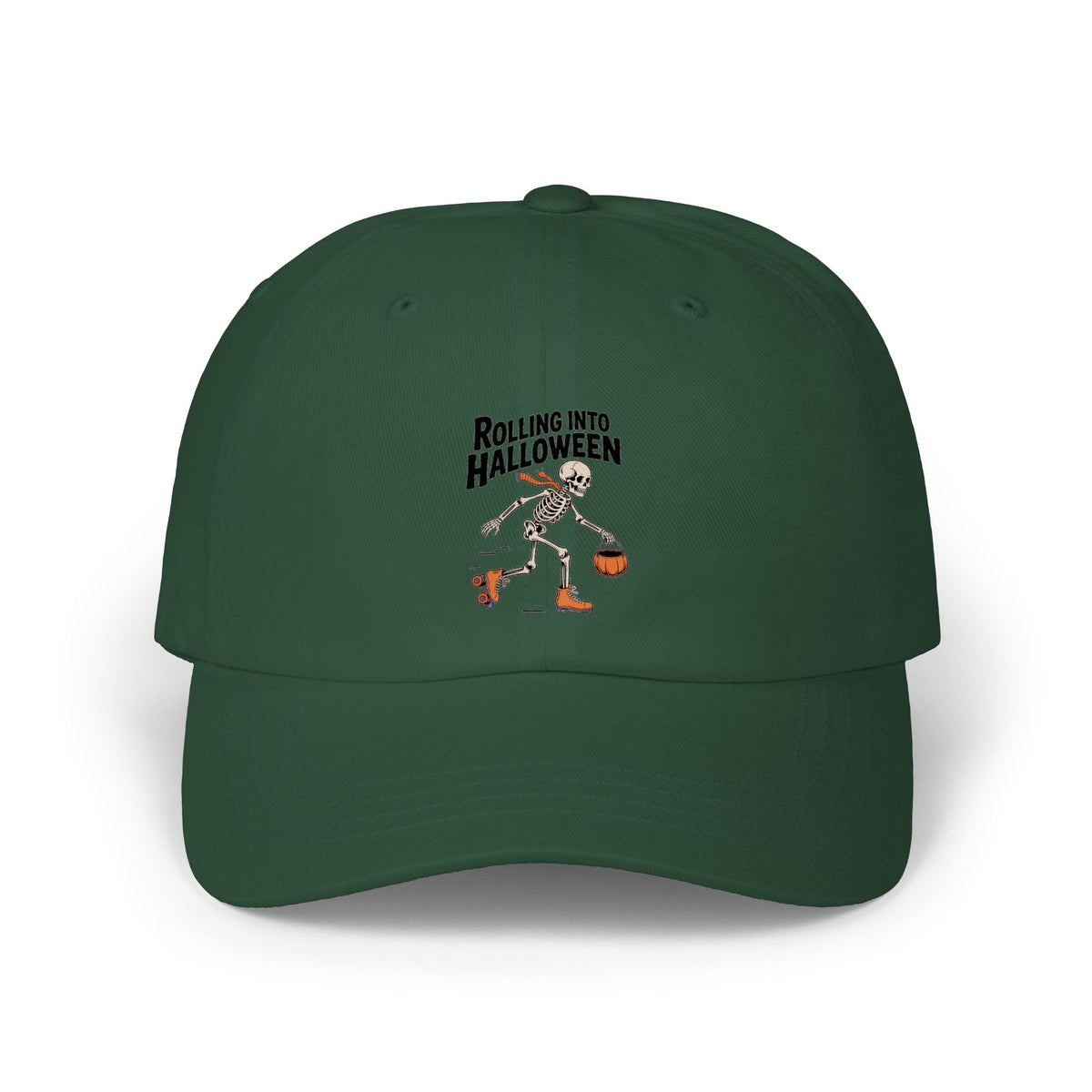 Rolling Into Halloween Skeleton Dad Hat, Retro Roller Skate Skeleton Cap, Funny Halloween Embroidered Hat, Spooky Season Gift