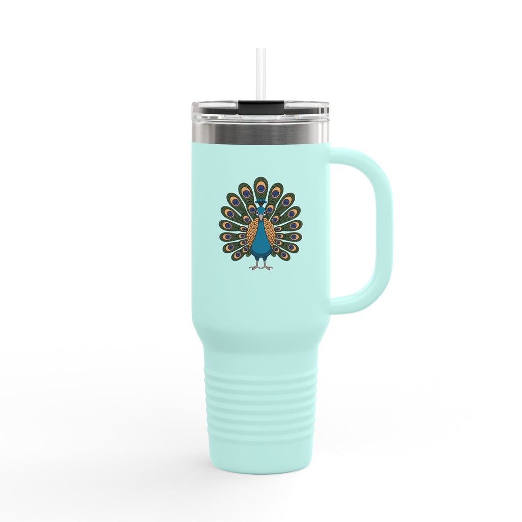 Peacock Travel Mug 40oz, Cute Peacock Feathers Tumbler with Handle, Bird Lover Gift, Insulated Stainless Steel Cup with Straw