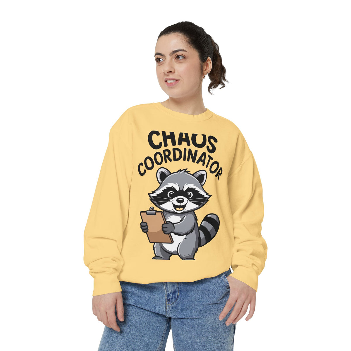 Chaos Coordinator Raccoon Sweatshirt, Funny Raccoon Crewneck, Cute Cartoon Raccoon Gift, Embroidered Patch Style Pullover