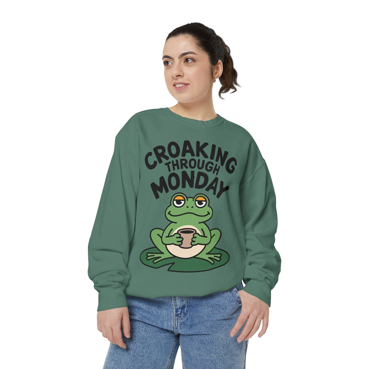 Croaking Through Monday Sweatshirt, Funny Tired Frog Crewneck, Cute Coffee Frog Sweatshirt, Frog Lover Gift
