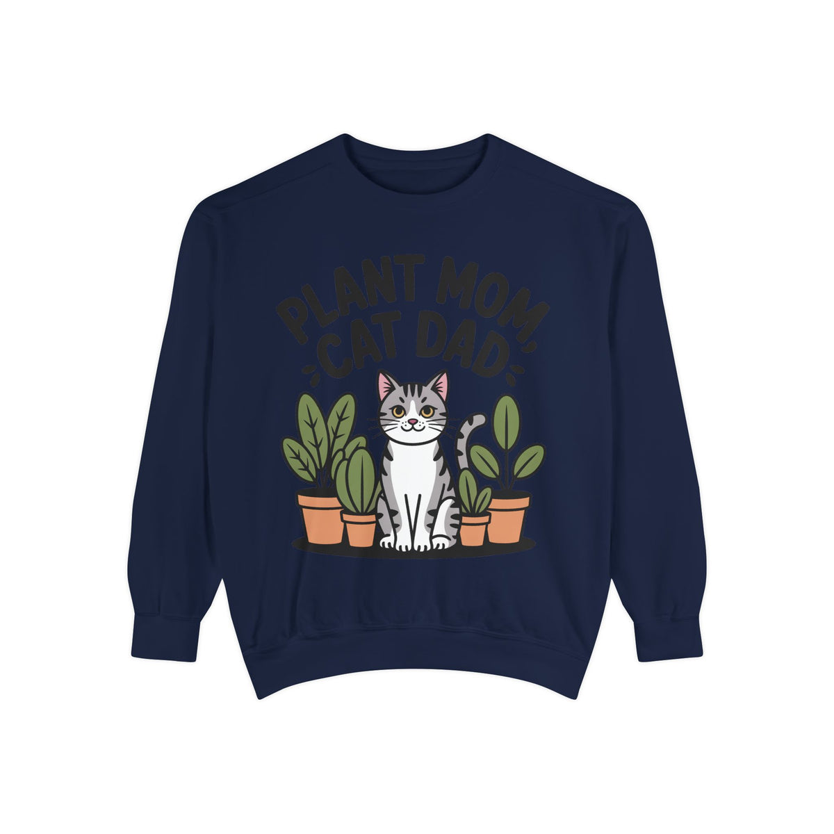 Plant Mom Cat Dad Sweatshirt, Funny Cat Lover Crewneck, Cute Plant Lady Gift, Embroidered Patch Style Sweatshirt for Cat Owners