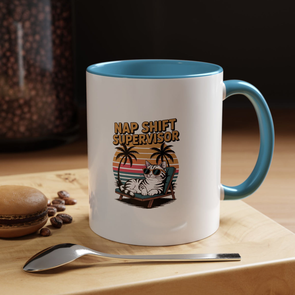 Retro Cat Sunset Mug, Funny Nap Shift Supervisor Coffee Cup, Vintage 90s Cat Lover Gift, Sunglasses Cat Sunset Mug