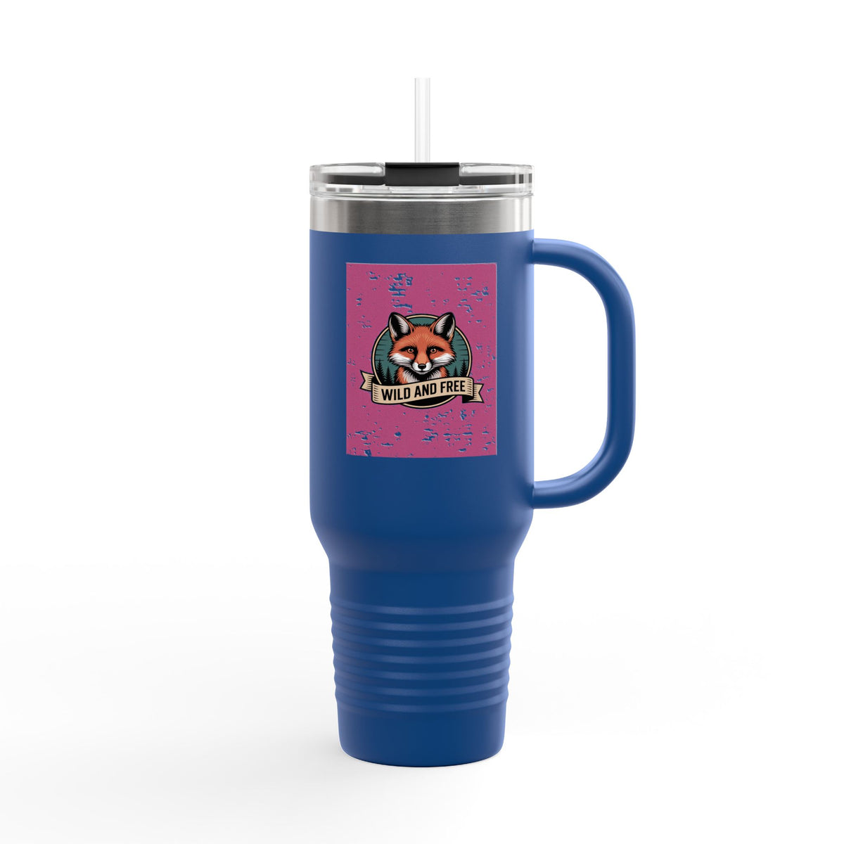 Retro Fox Travel Mug, Vintage Wildlife Badge 40oz Tumbler, Wild and Free Outdoor Gift, Fox Lover Insulated Cup with Handle and Straw