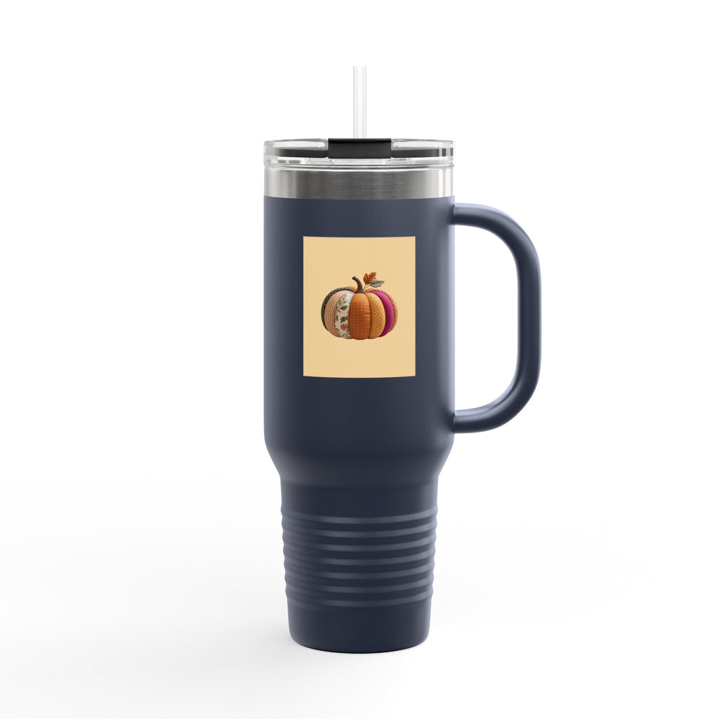 Patchwork Pumpkin Travel Mug, Halloween 40oz Tumbler with Handle, Fall Quilted Pumpkin Insulated Cup, Autumn Gift for Her