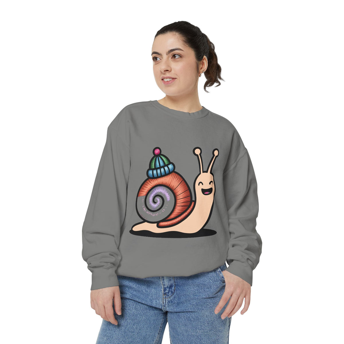 Cute Snail Sweatshirt, Embroidered Patch Style Snail With Tiny Hat Crewneck, Cottagecore Nature Lover Gift, Garment-Dyed Pullover
