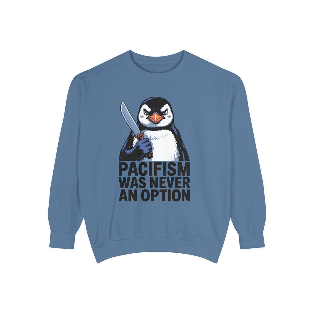Pacifism Was Never An Option Penguin Sweatshirt, Funny Butter Knife Penguin Crewneck, Vintage Poster Style Graphic Sweatshirt Gift