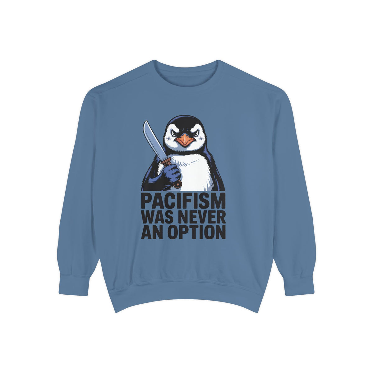 Pacifism Was Never An Option Penguin Sweatshirt, Funny Butter Knife Penguin Crewneck, Vintage Poster Style Graphic Sweatshirt Gift