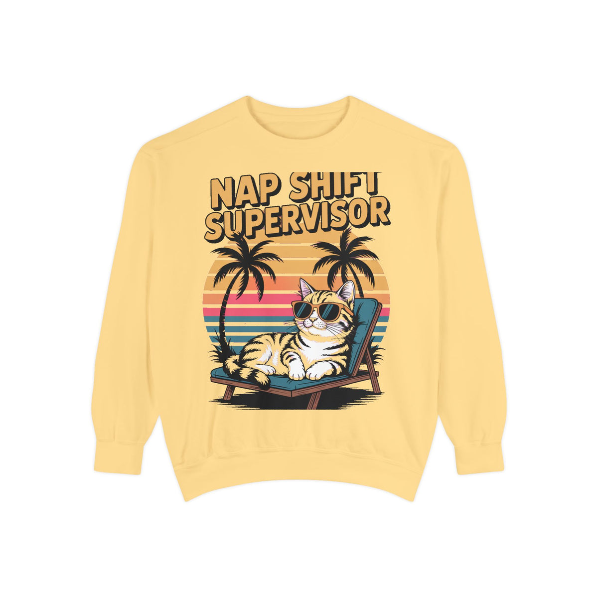 Retro Cat Sunset Sweatshirt, Funny Nap Shift Supervisor Crewneck, Vintage 90s Cat Lover Gift, Embroidered Cool Cat Sweatshirt