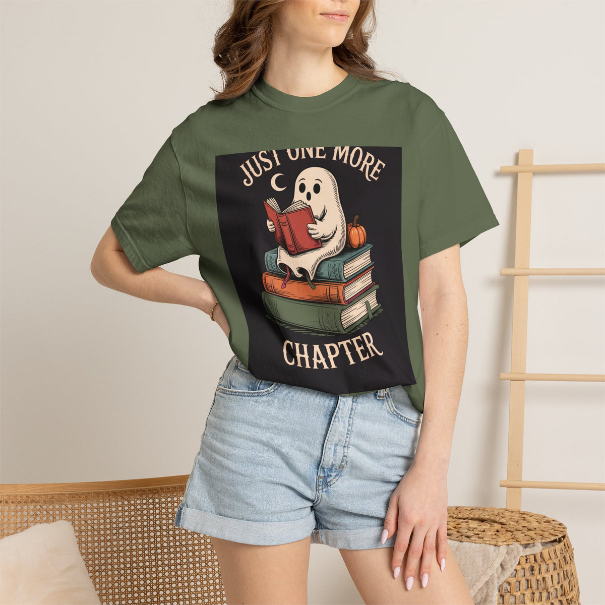 Just One More Chapter Ghost Shirt, Halloween Reading Tee, Bookish Ghost T-Shirt, Cozy Spooky Season Gift for Book Lovers