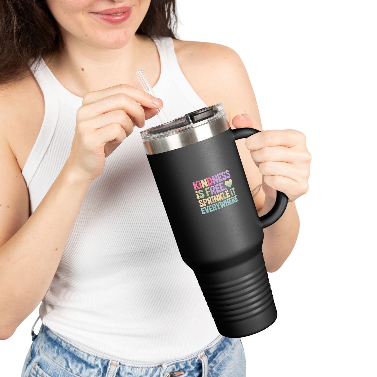 Kindness Is Free Sprinkle It Everywhere Tumbler, Positive Quote 40oz Travel Mug, Pastel Rainbow Gift for Her, Inspirational Cup