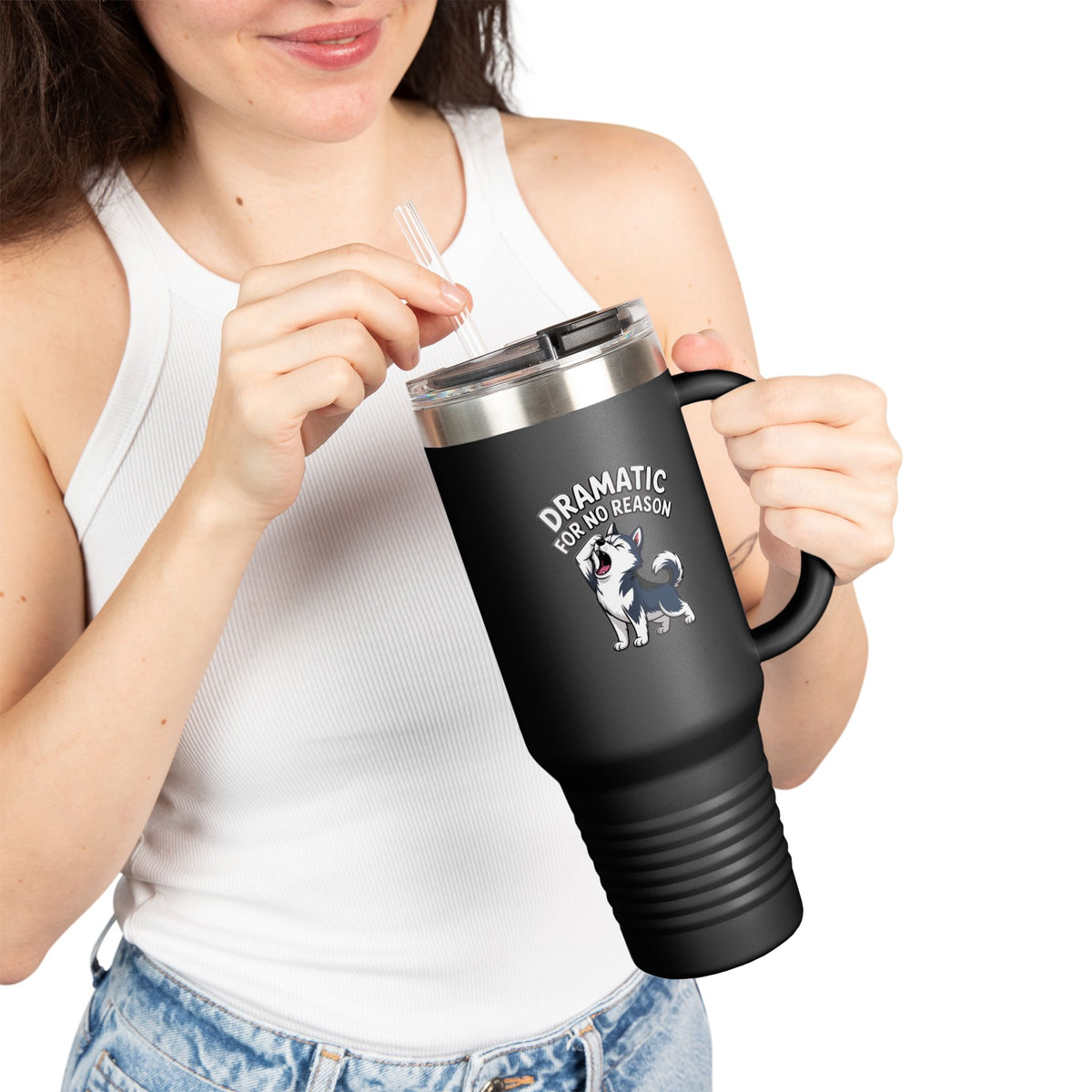 Dramatic Husky Travel Mug, Funny Dog Lover Tumbler, Cute Cartoon Husky 40oz Cup, Sarcastic Dog Mom Gift, Drama Queen Dog Tumbler