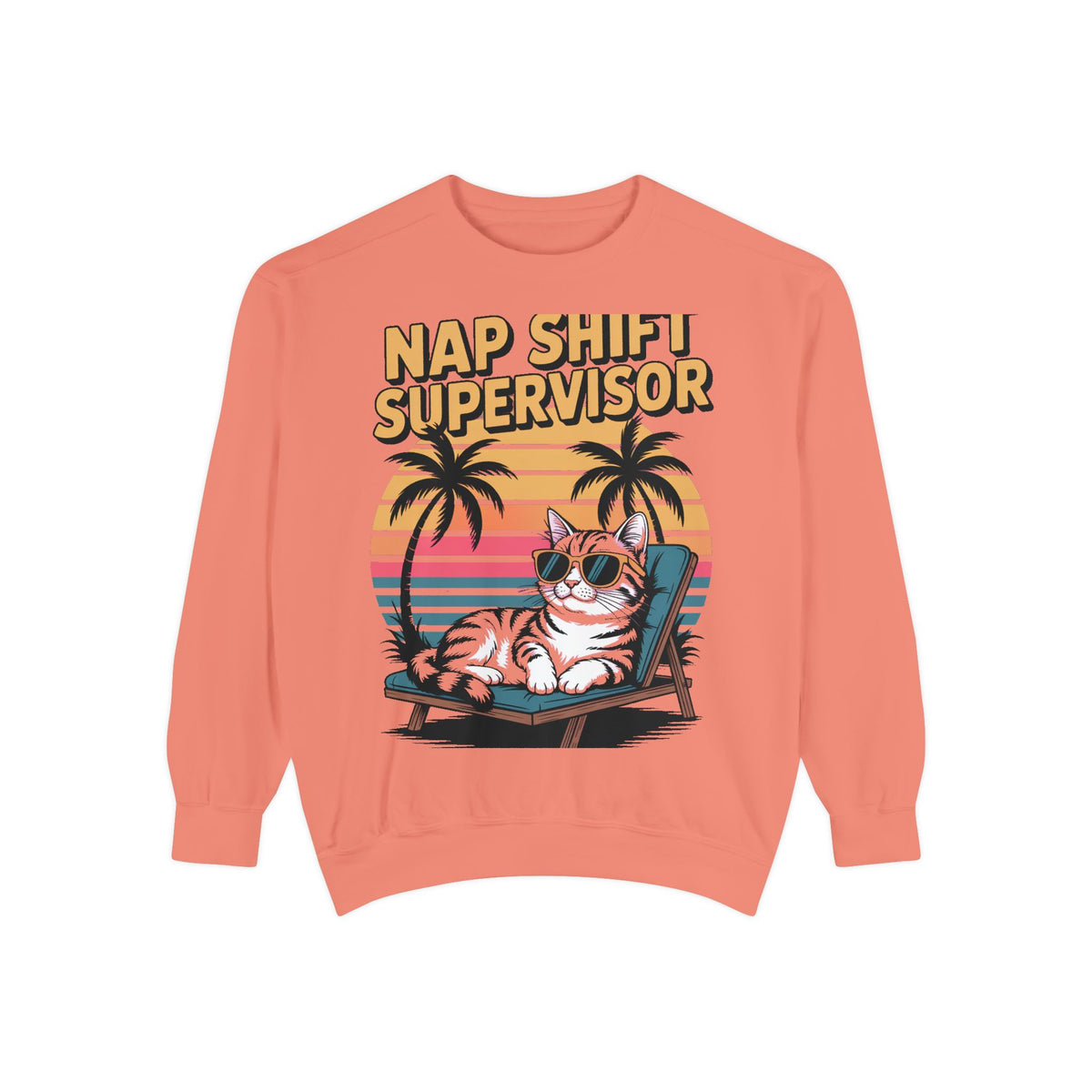 Retro Cat Sunset Sweatshirt, Funny Nap Shift Supervisor Crewneck, Vintage 90s Cat Lover Gift, Embroidered Cool Cat Sweatshirt