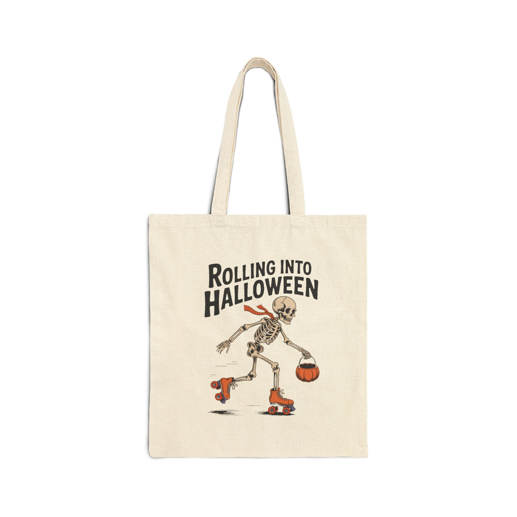 Rolling Into Halloween Skeleton Tote Bag, Retro Skeleton Roller Skating Canvas Bag, Funny Halloween Gift Bag