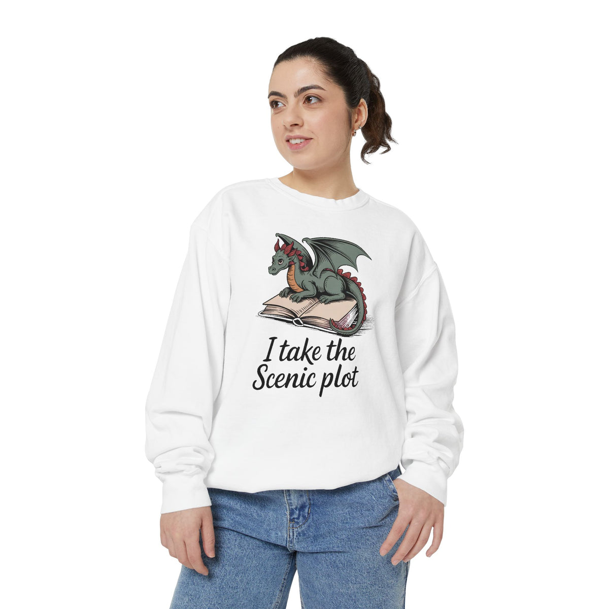 Fantasy Reader Sweatshirt, I Take The Scenic Plot, Dragon Book Lover Gift, Bookish Hobby Sweatshirt, Cute Dragon Reading Tee, Gift For Book…