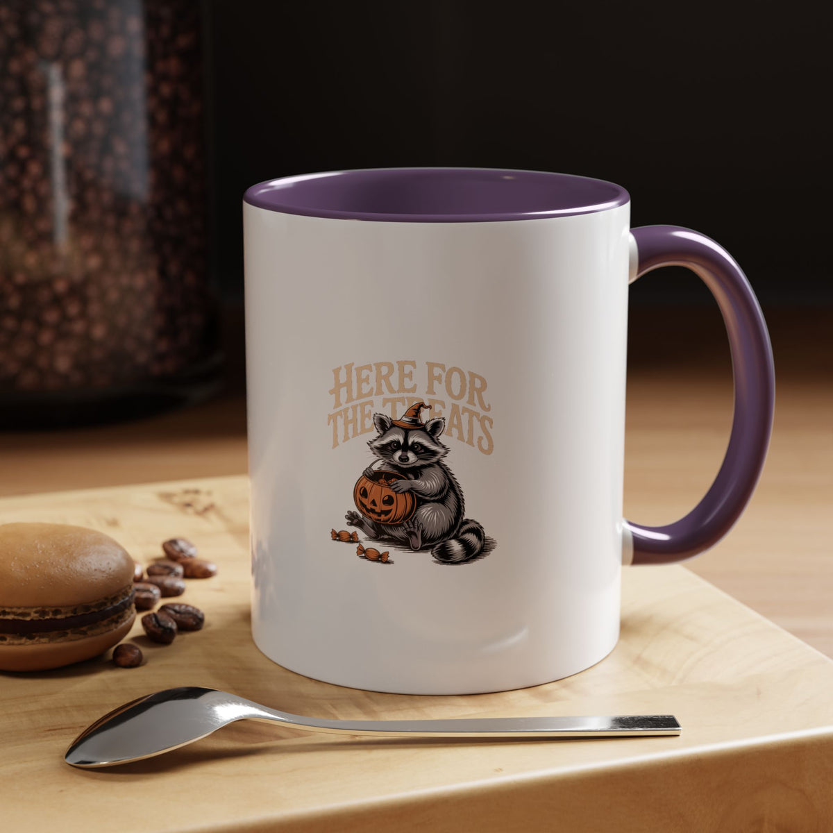 Here For The Treats Raccoon Mug, Funny Halloween Coffee Cup, Vintage Witch Raccoon Gift, Spooky Season Ceramic Mug